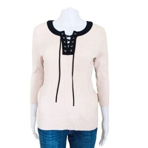 JONES NEW YORK Ribbed Lace Up Sweater With Long Sleeves Ivory Cream Size Small